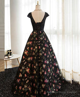 Black Lace Floral Patterns Long Prom Dress, Black Evening Dress